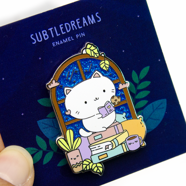 I read past my bedtime, kitty glitter enamel pin