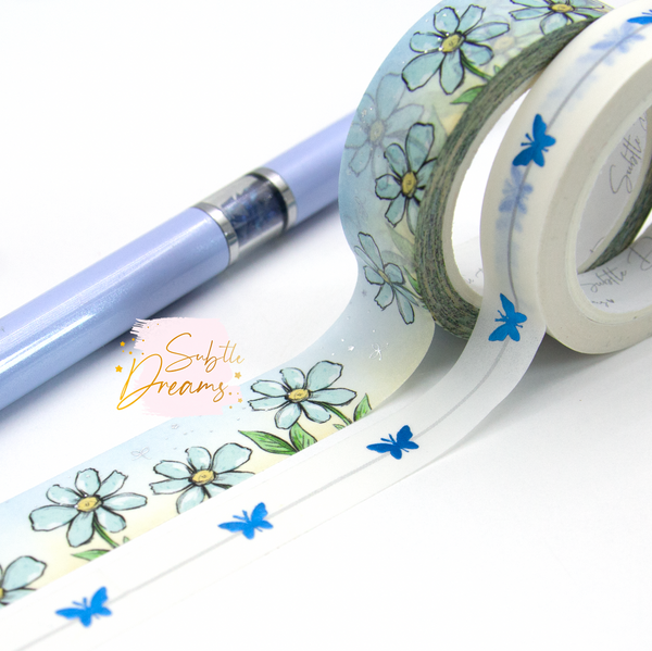 Wildflower, hand painted floral washi, blue foil