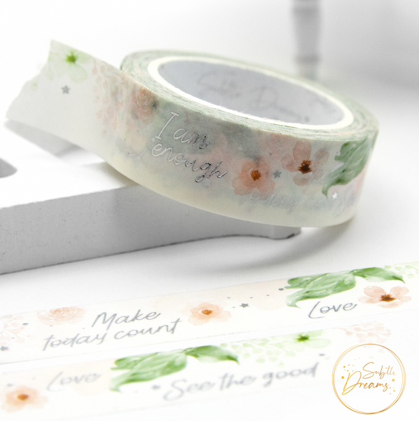 I am enough, daily motivation watercolor roses washi