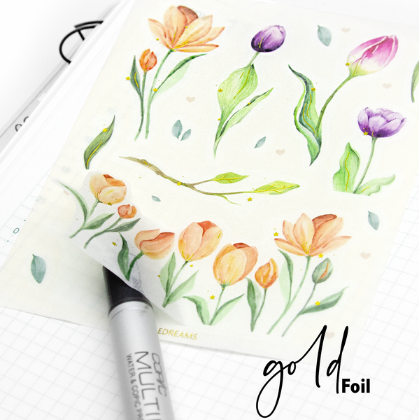 Tulips in bloom foil stickers, hand painted, washi paper