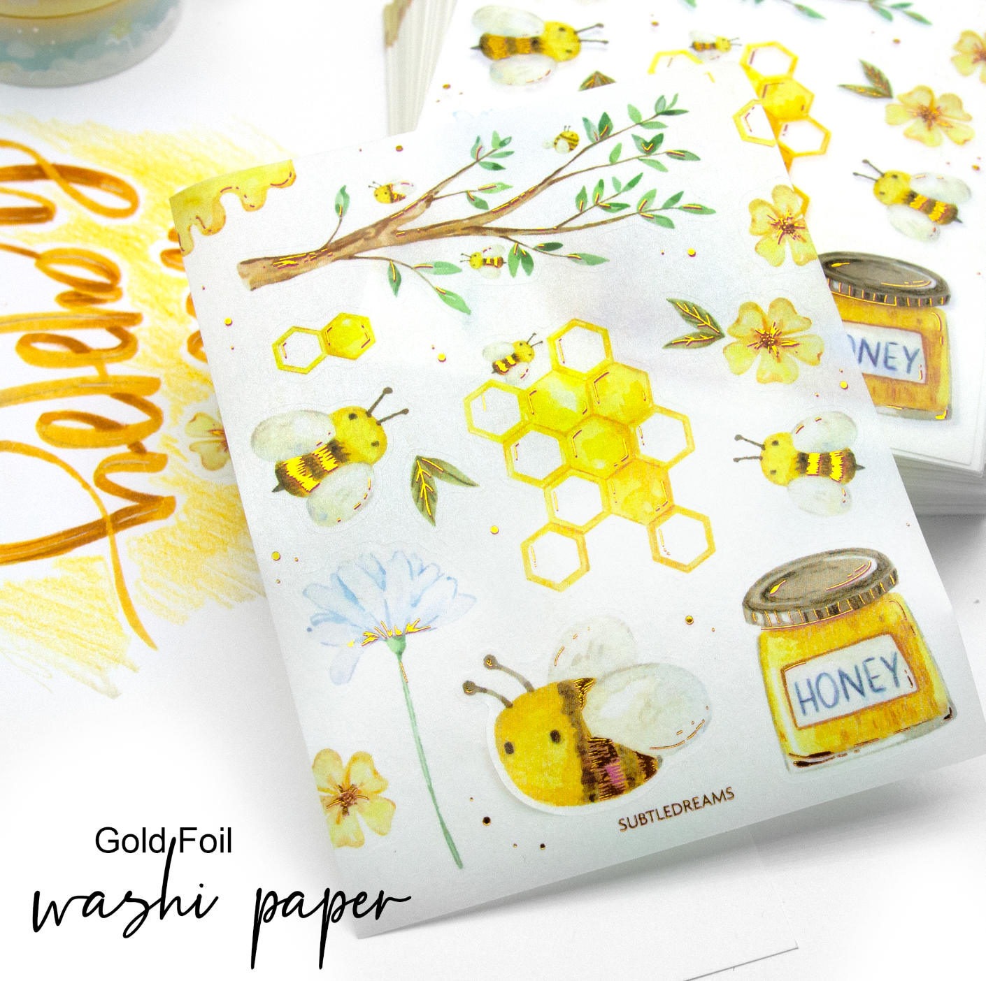 Honey bee foil stickers, hand painted, washi paper