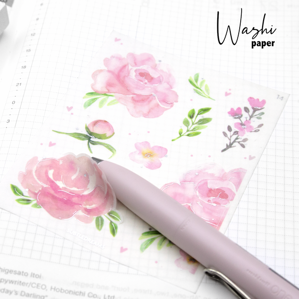 Pink sensation watercolor roses foil stickers, hand painted, washi paper