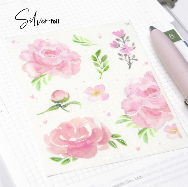 Pink sensation watercolor roses foil stickers, hand painted, washi paper