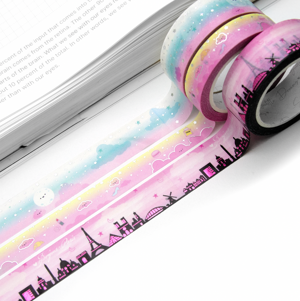 Paris skyline cloud washi, hot pink foil