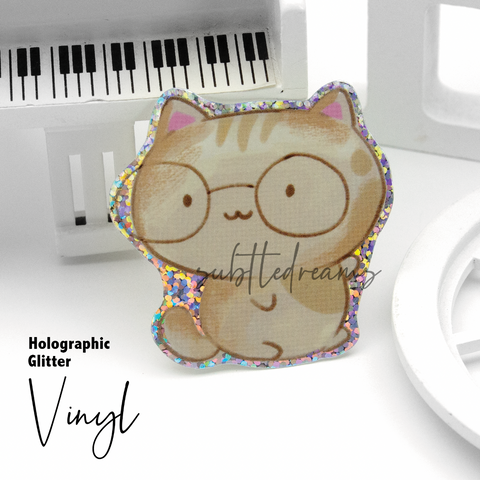 Hand painted nerdy kitty glitter weatherproof Vinyl die cut sticker