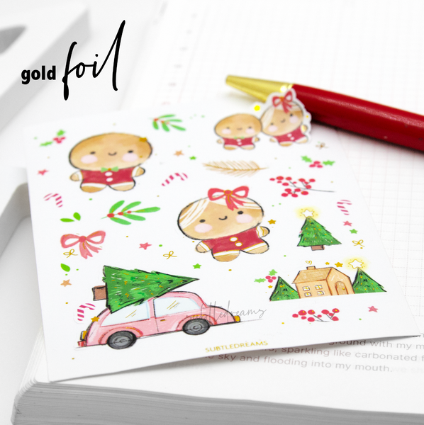 Gingerbread foil stickers, hand painted Christmas