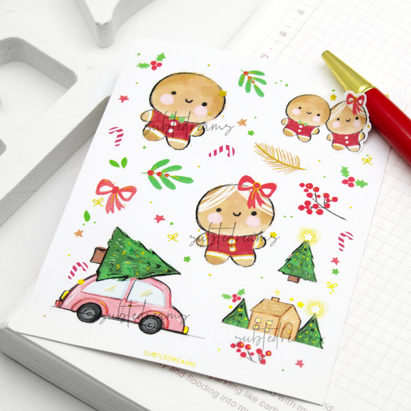 Gingerbread foil stickers, hand painted Christmas