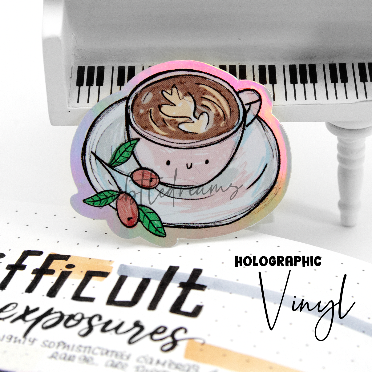 Hand painted Coffee cup holographic weatherproof Vinyl die cut sticker