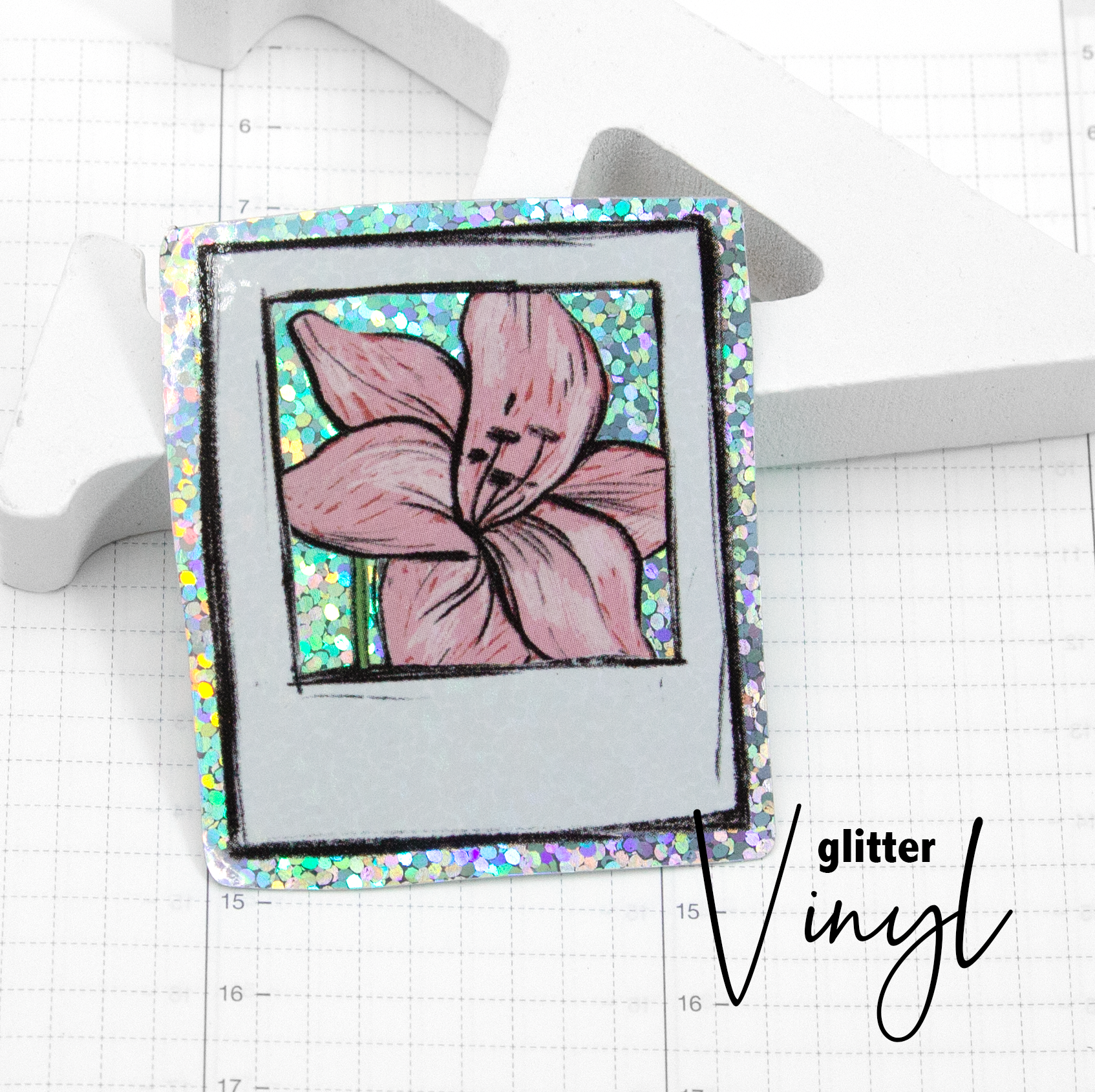 Hand painted flower polaroid glitter weatherproof Vinyl die cut sticker