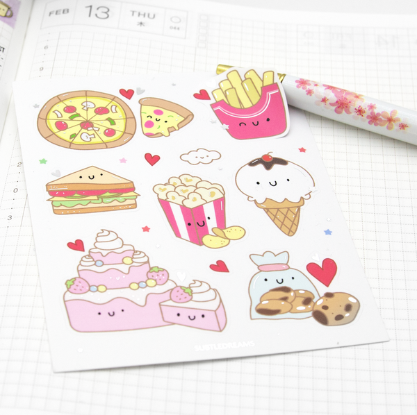 Comfort food foil stickers, pizza, fries, cookies